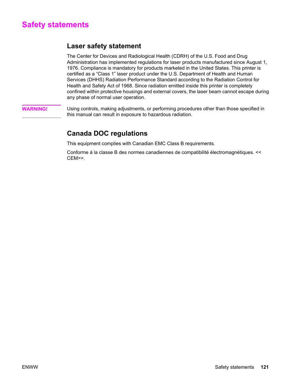 Safety statements, Laser safety statement, Canada doc regulations | Laser safety statement canada doc regulations | HP LaserJet 3015 User Manual | Page 131 / 164