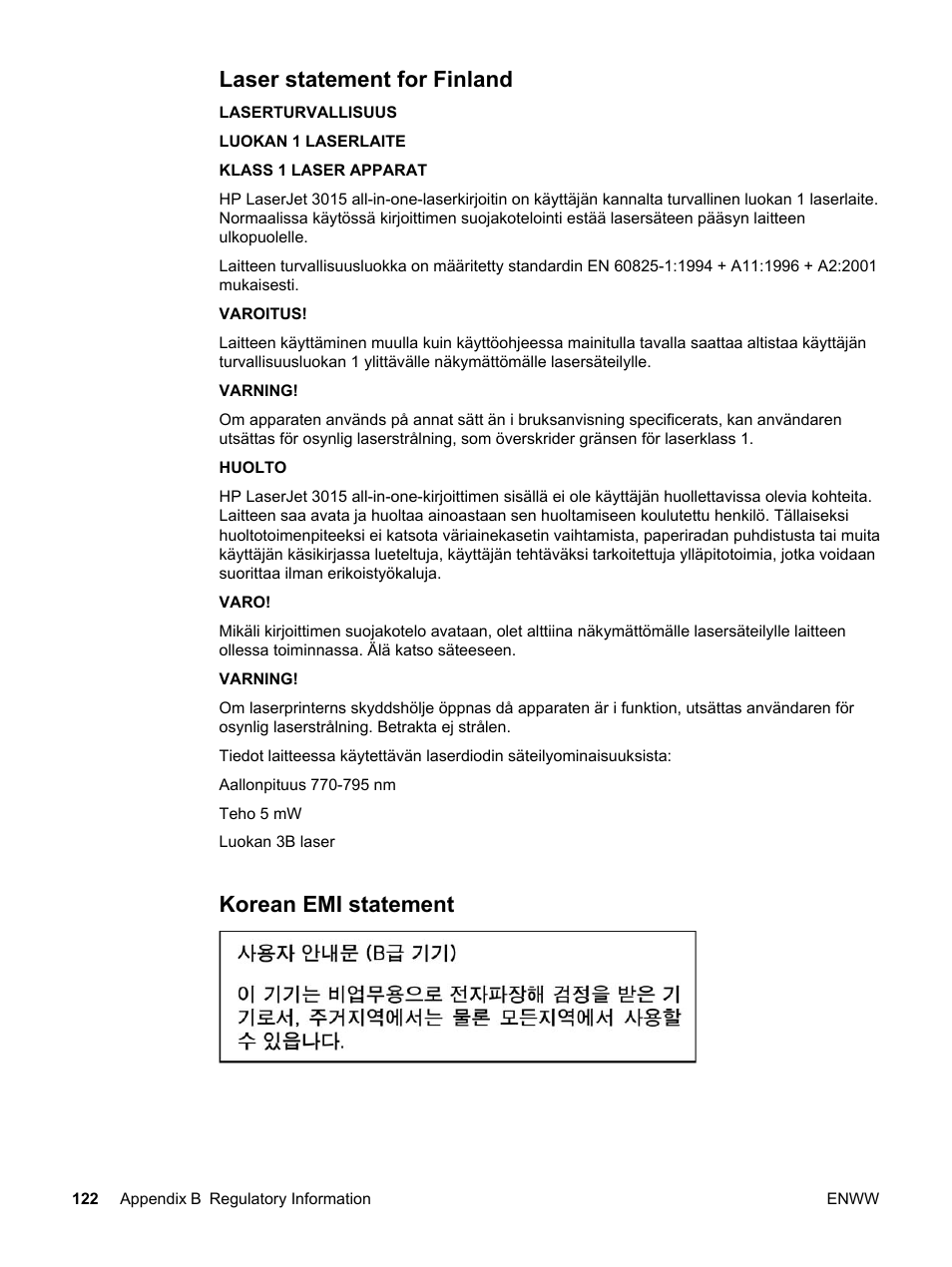 Laser statement for finland, Korean emi statement, Laser statement for finland korean emi statement | HP LaserJet 3015 User Manual | Page 132 / 164