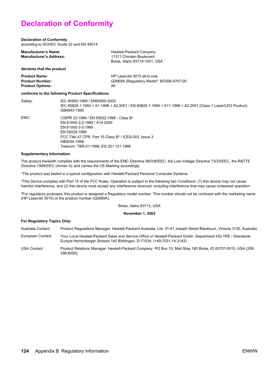 Declaration of conformity, 124 appendix b regulatory information enww | HP LaserJet 3015 User Manual | Page 134 / 164