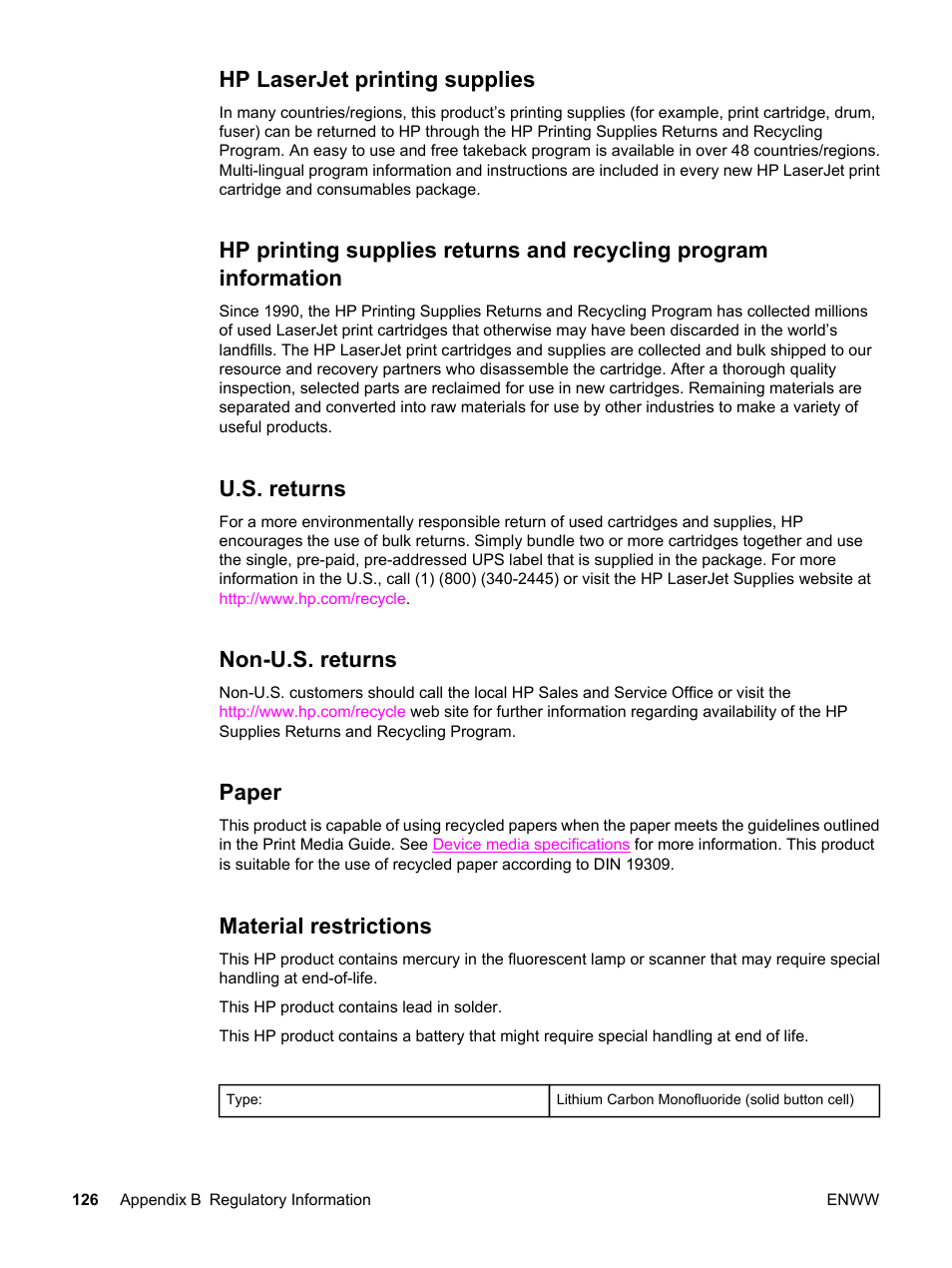 Hp laserjet printing supplies, U.s. returns, Non-u.s. returns | Paper, Material restrictions | HP LaserJet 3015 User Manual | Page 136 / 164