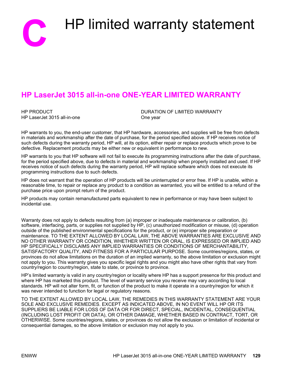 Hp limited warranty statement, Appendix c hp limited warranty statement | HP LaserJet 3015 User Manual | Page 139 / 164