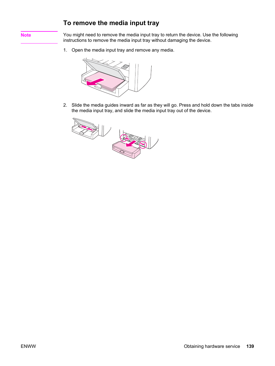 To remove the media input tray | HP LaserJet 3015 User Manual | Page 149 / 164