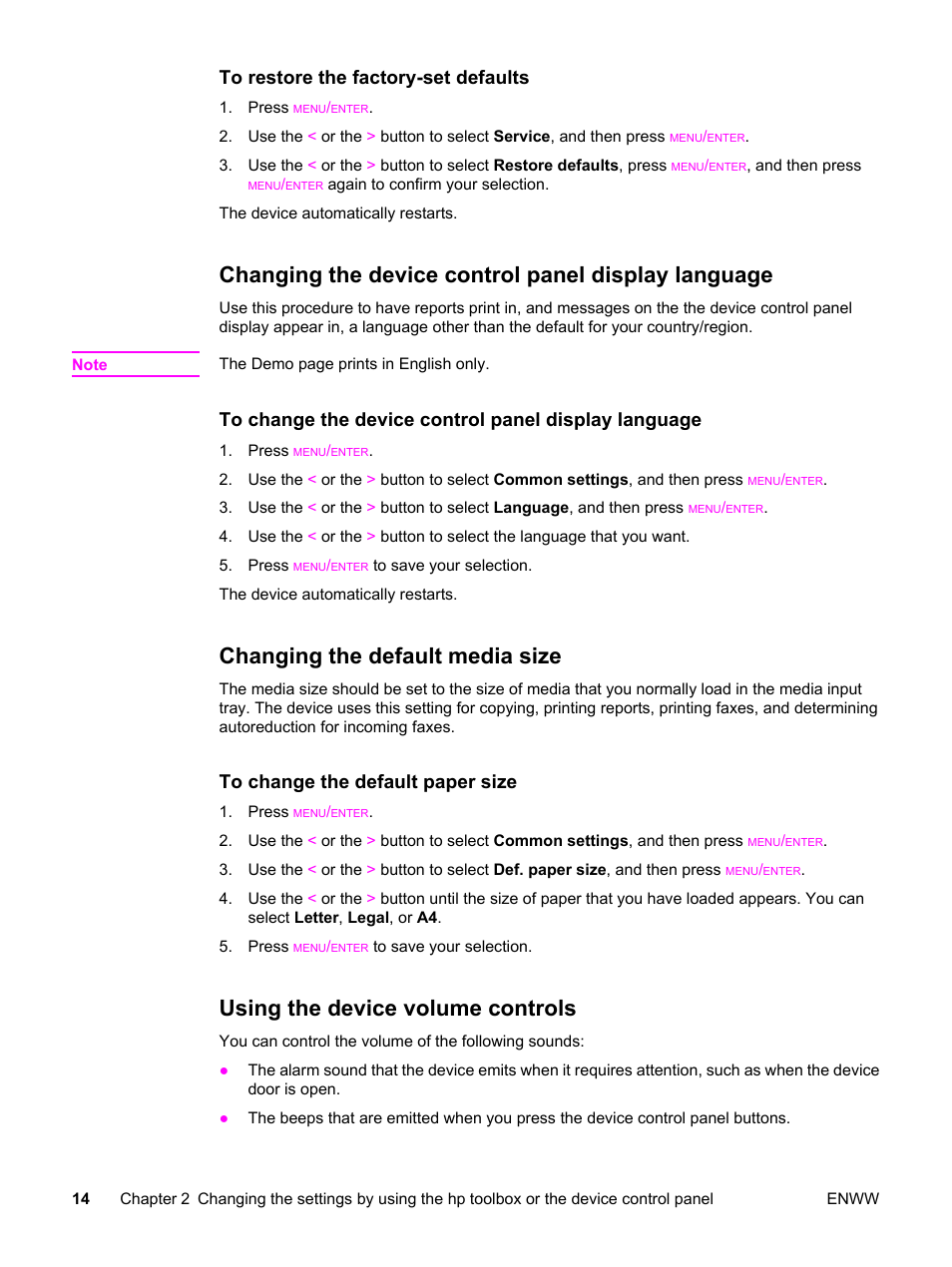 Changing the device control panel display language, Changing the default media size, Using the device volume controls | HP LaserJet 3015 User Manual | Page 24 / 164