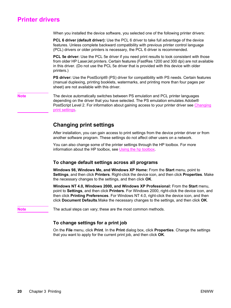 Printer drivers, Changing print settings | HP LaserJet 3015 User Manual | Page 30 / 164