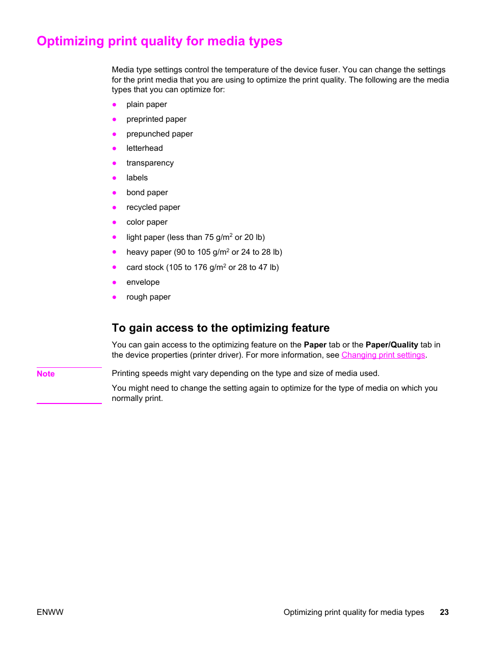 Optimizing print quality for media types, To gain access to the optimizing feature | HP LaserJet 3015 User Manual | Page 33 / 164