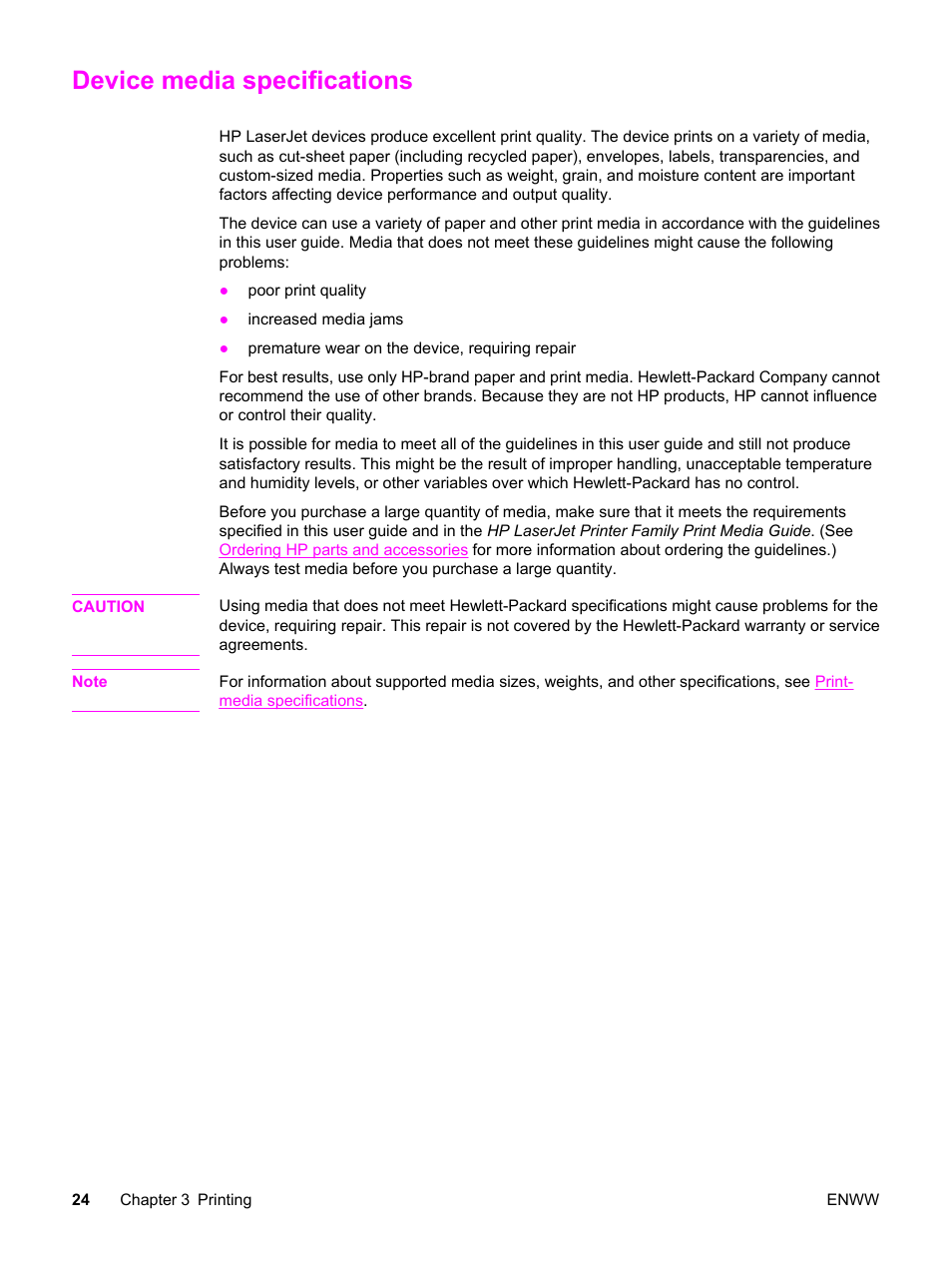 Device media specifications | HP LaserJet 3015 User Manual | Page 34 / 164