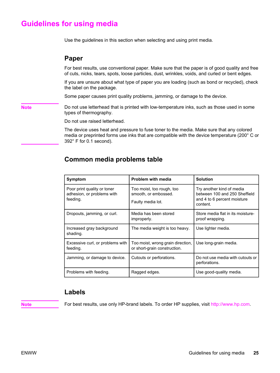 Guidelines for using media, Paper, Common media problems table | Labels, Paper common media problems table labels | HP LaserJet 3015 User Manual | Page 35 / 164