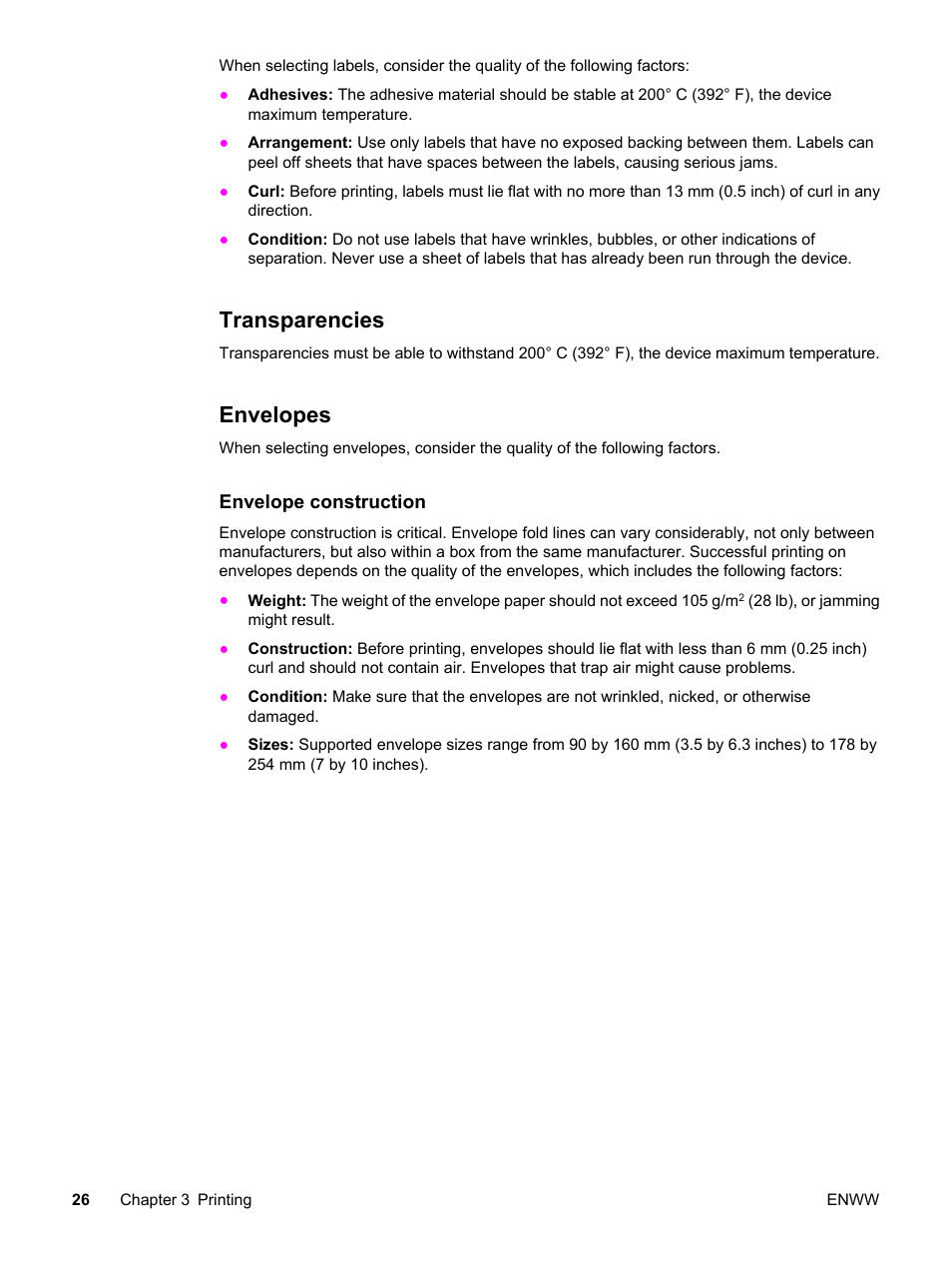 Transparencies, Envelopes | HP LaserJet 3015 User Manual | Page 36 / 164