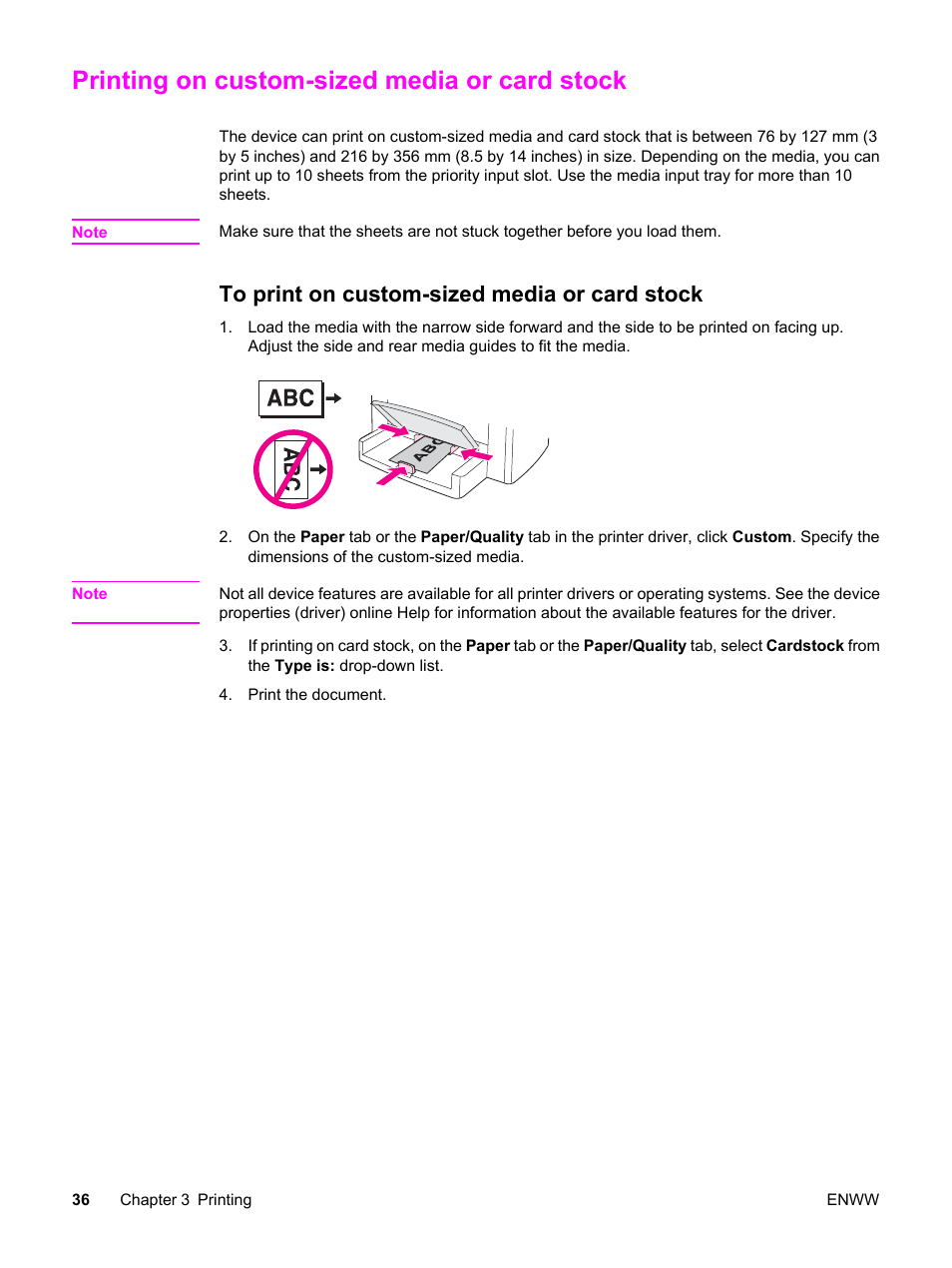 Printing on custom-sized media or card stock, To print on custom-sized media or card stock | HP LaserJet 3015 User Manual | Page 46 / 164