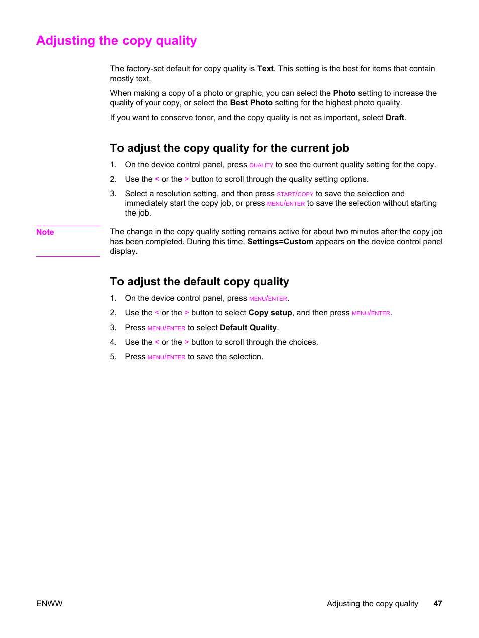 Adjusting the copy quality, To adjust the copy quality for the current job, To adjust the default copy quality | HP LaserJet 3015 User Manual | Page 57 / 164