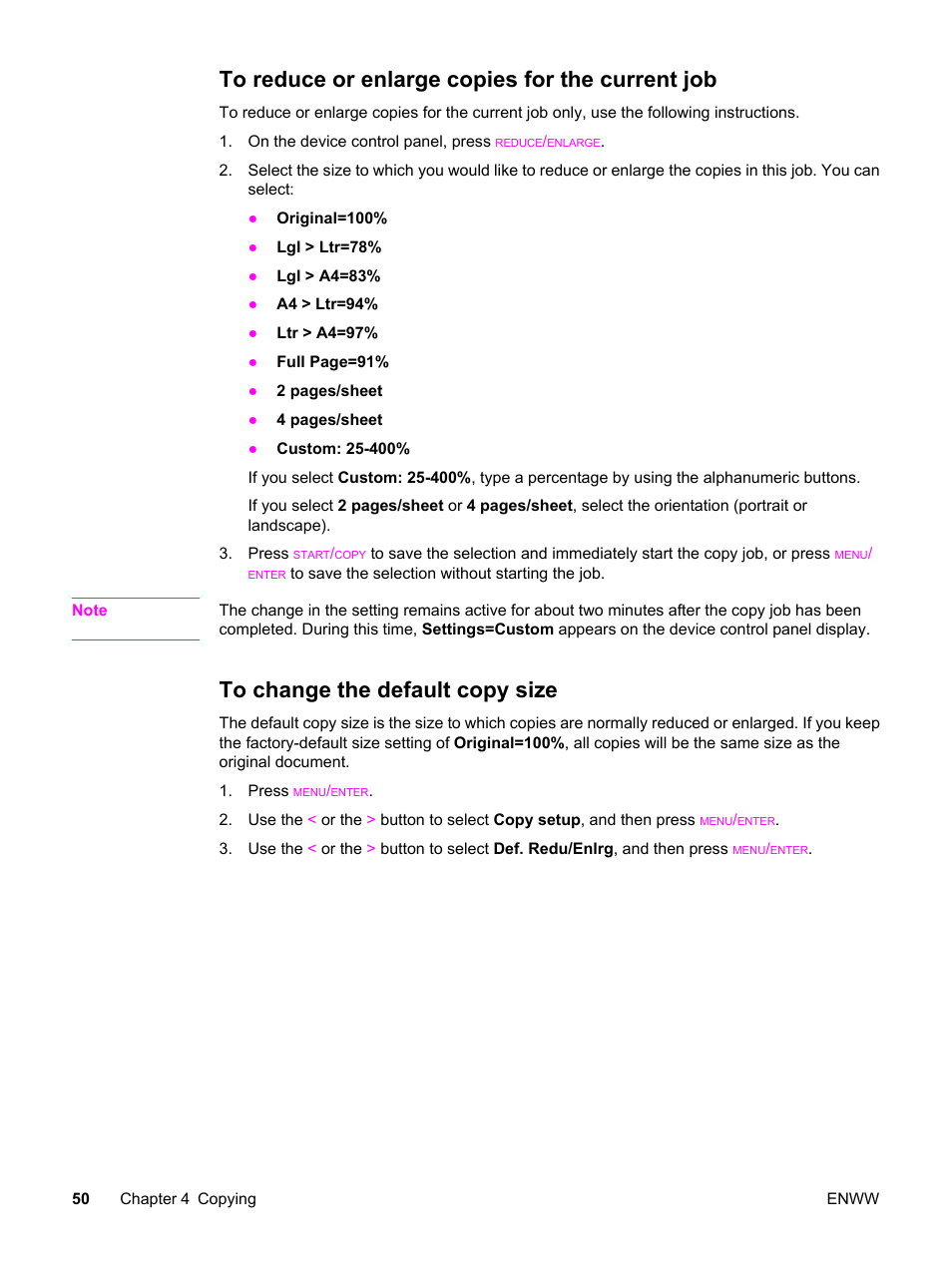 To reduce or enlarge copies for the current job, To change the default copy size | HP LaserJet 3015 User Manual | Page 60 / 164