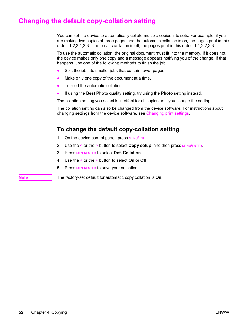 Changing the default copy-collation setting, To change the default copy-collation setting | HP LaserJet 3015 User Manual | Page 62 / 164