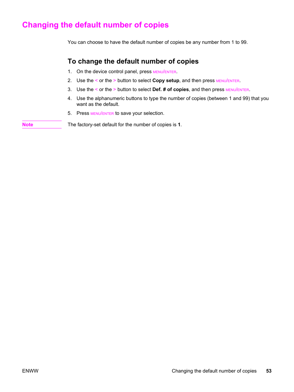 Changing the default number of copies, To change the default number of copies | HP LaserJet 3015 User Manual | Page 63 / 164