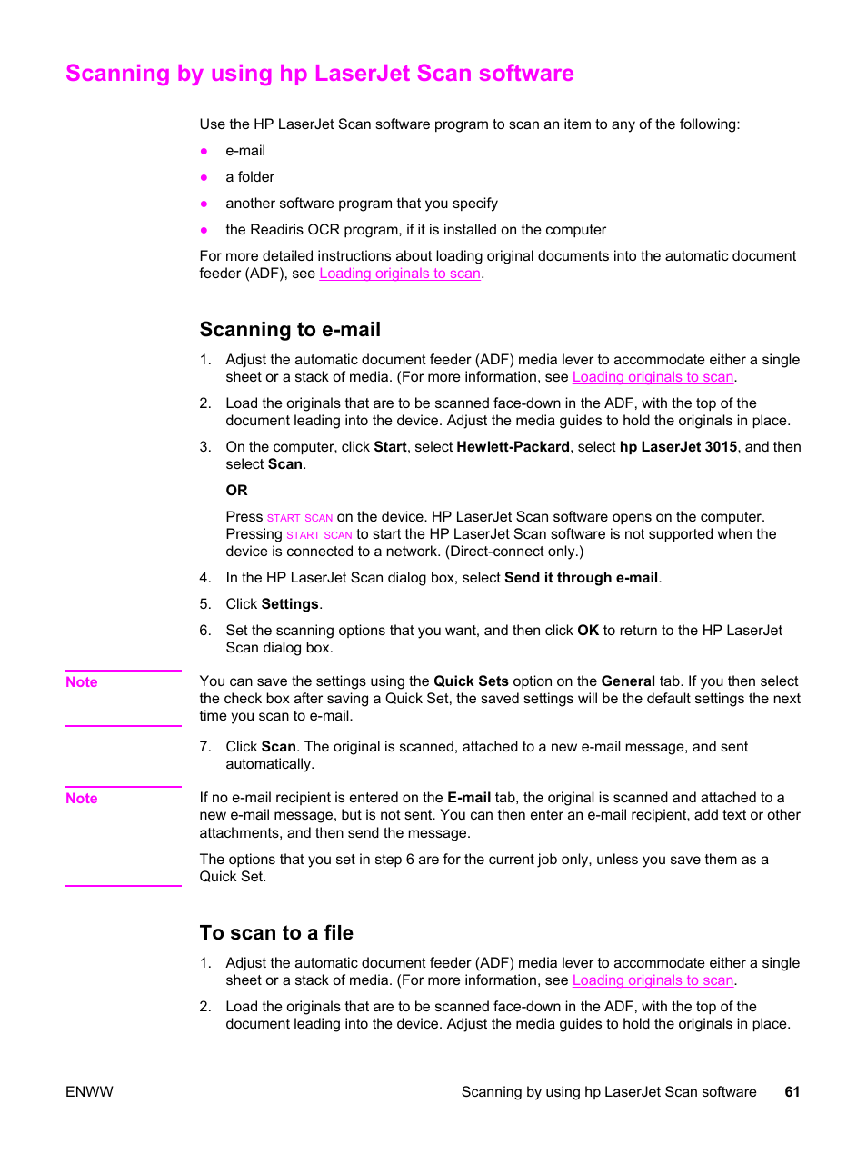 Scanning by using hp laserjet scan software, Scanning to e-mail, To scan to a file | Scanning to e-mail to scan to a file, Information, see | HP LaserJet 3015 User Manual | Page 71 / 164