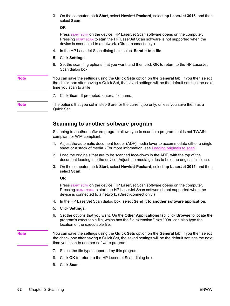 Scanning to another software program | HP LaserJet 3015 User Manual | Page 72 / 164