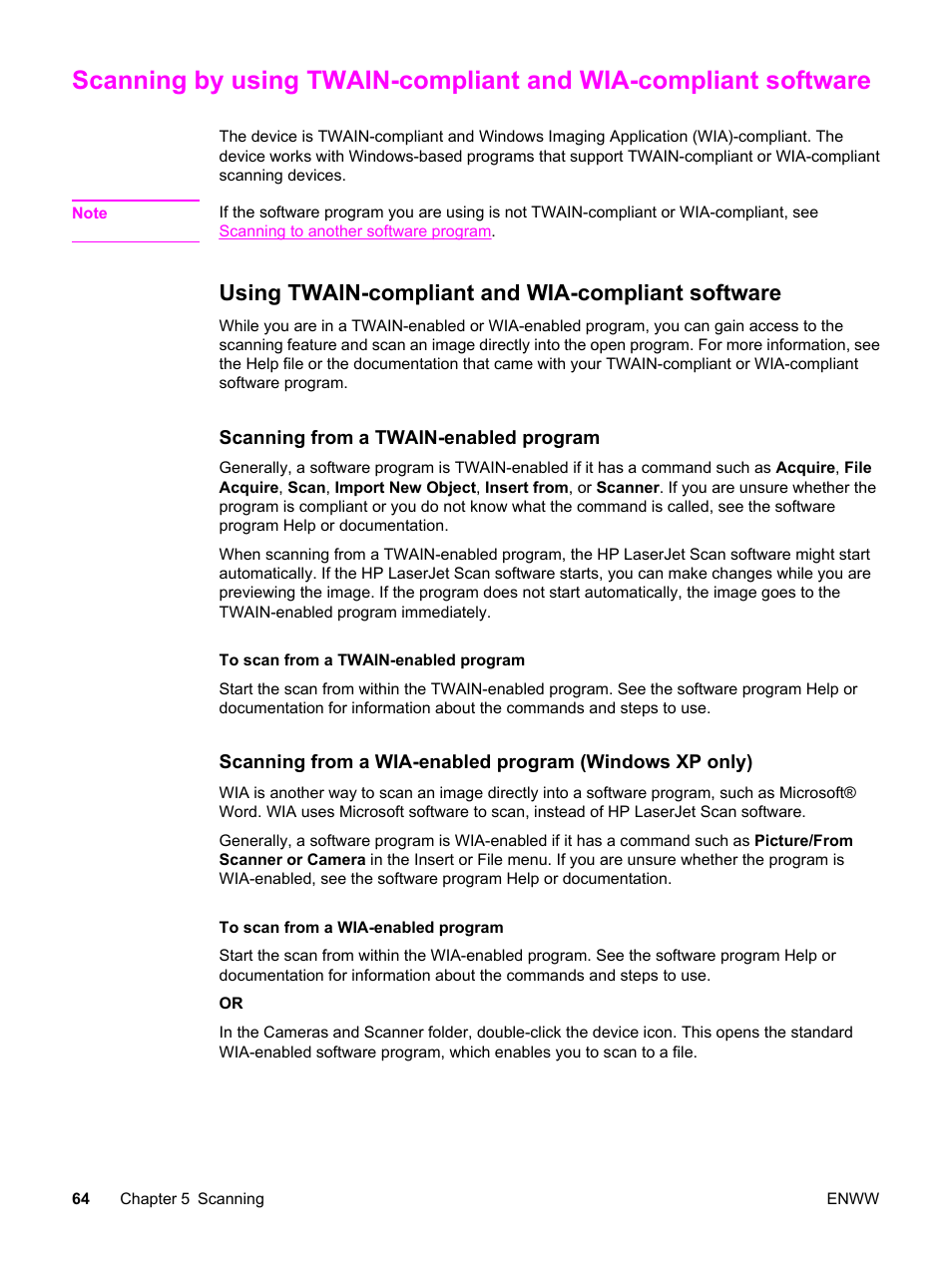 Using twain-compliant and wia-compliant software, Scanning by using, Twain-compliant and wia-compliant software | HP LaserJet 3015 User Manual | Page 74 / 164