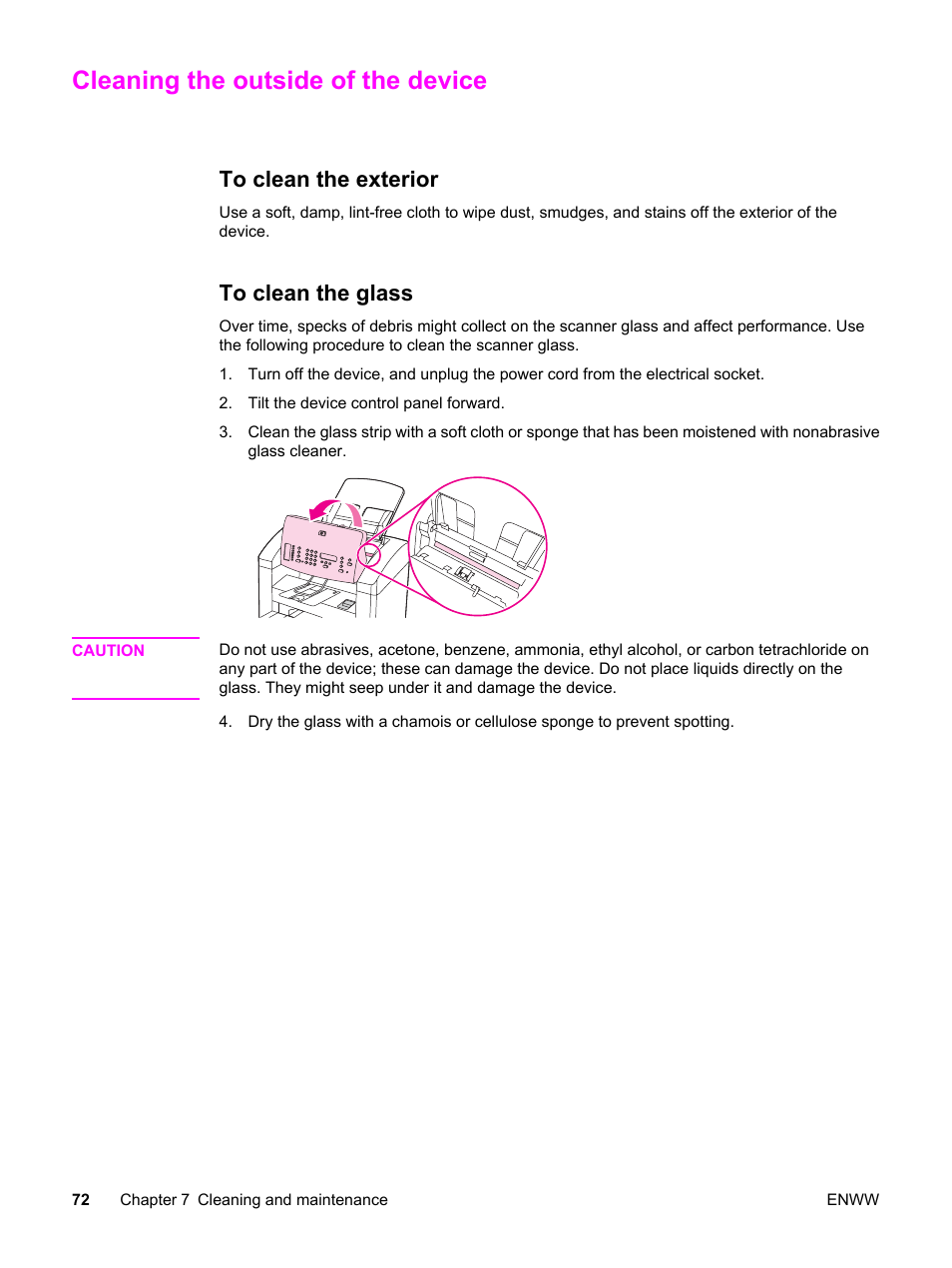 Cleaning the outside of the device, To clean the exterior, To clean the glass | To clean the exterior to clean the glass | HP LaserJet 3015 User Manual | Page 82 / 164