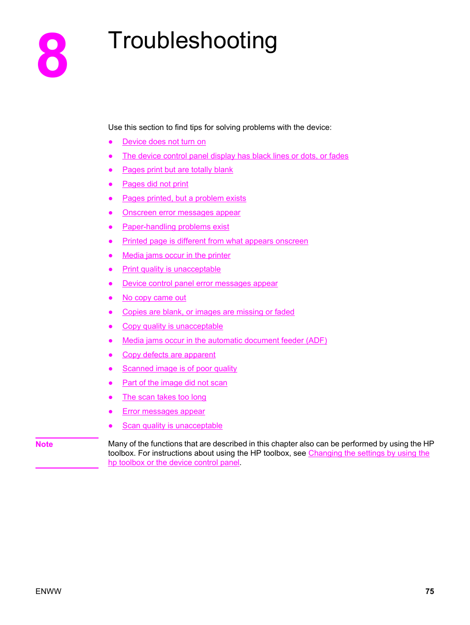 Troubleshooting, 8 troubleshooting | HP LaserJet 3015 User Manual | Page 85 / 164