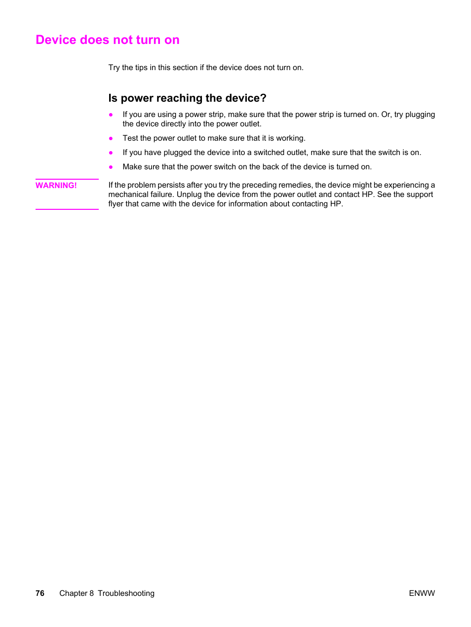 Device does not turn on, Is power reaching the device | HP LaserJet 3015 User Manual | Page 86 / 164