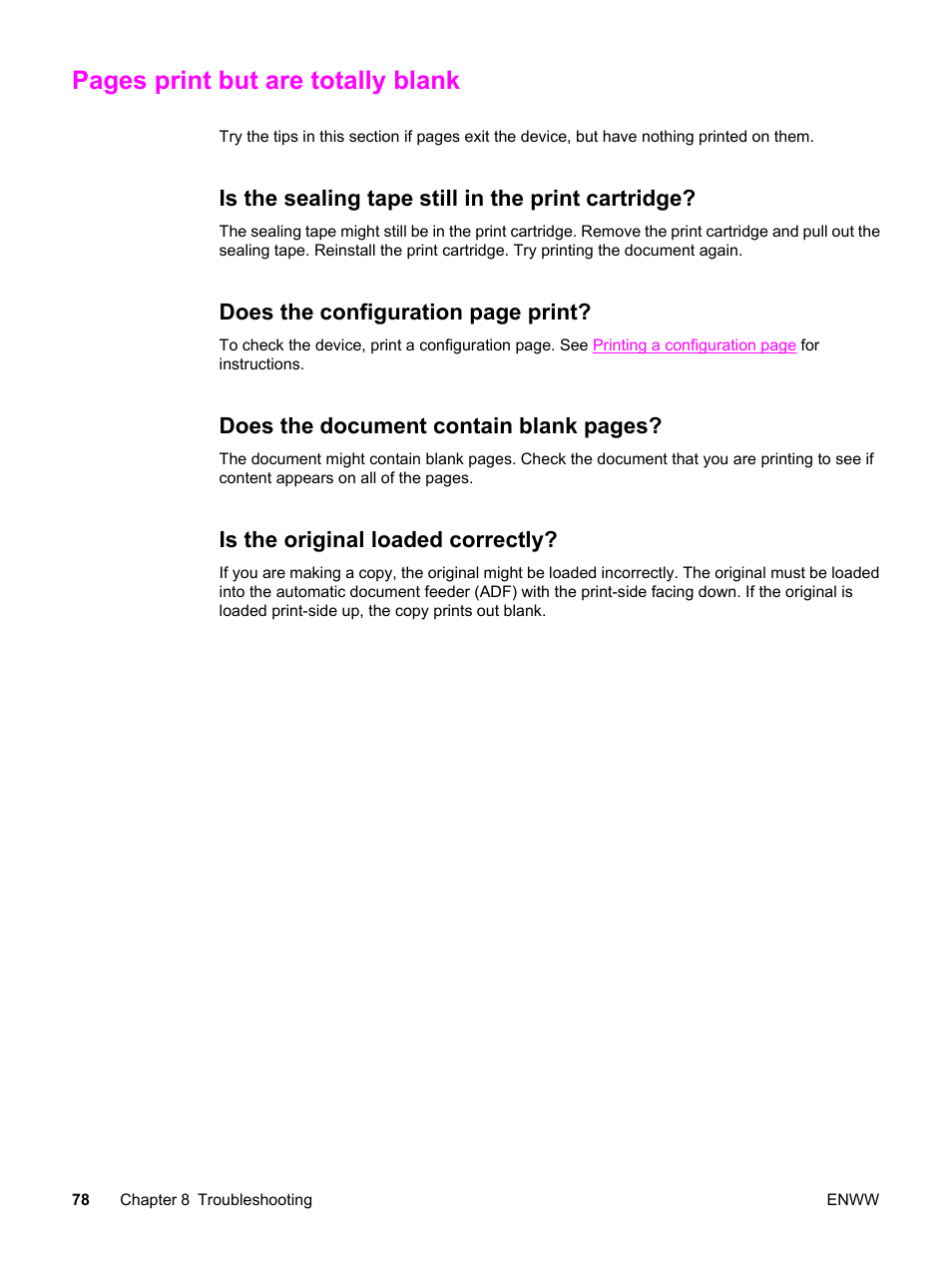 Is the sealing tape still in the print cartridge, Is the original loaded correctly, Pages print but are totally blank | Does the configuration page print, Does the document contain blank pages | HP LaserJet 3015 User Manual | Page 88 / 164