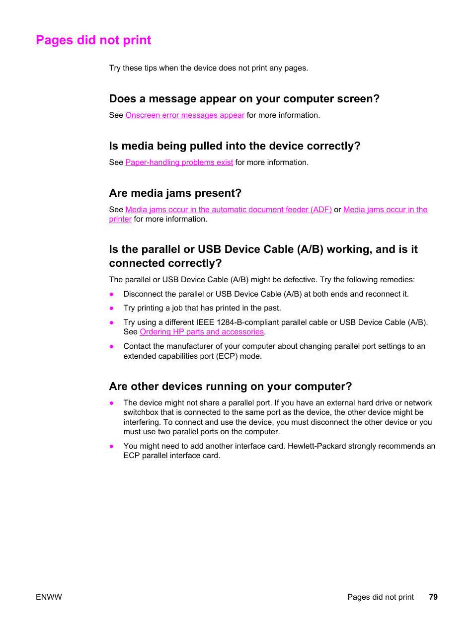 Does a message appear on your computer screen, Is media being pulled into the device correctly, Are media jams present | Are other devices running on your computer, Pages did not print | HP LaserJet 3015 User Manual | Page 89 / 164