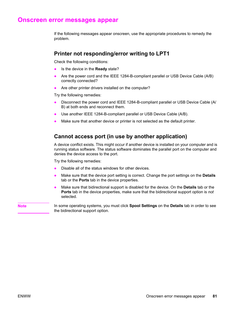 Onscreen error messages appear, Printer not responding/error writing to lpt1, Cannot access port (in use by another application) | HP LaserJet 3015 User Manual | Page 91 / 164