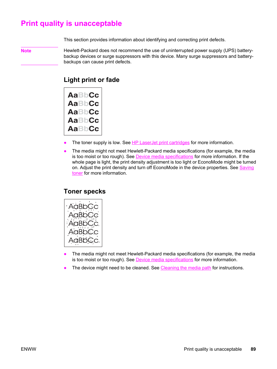 Print quality is unacceptable, Light print or fade, Toner specks | Light print or fade toner specks | HP LaserJet 3015 User Manual | Page 99 / 164