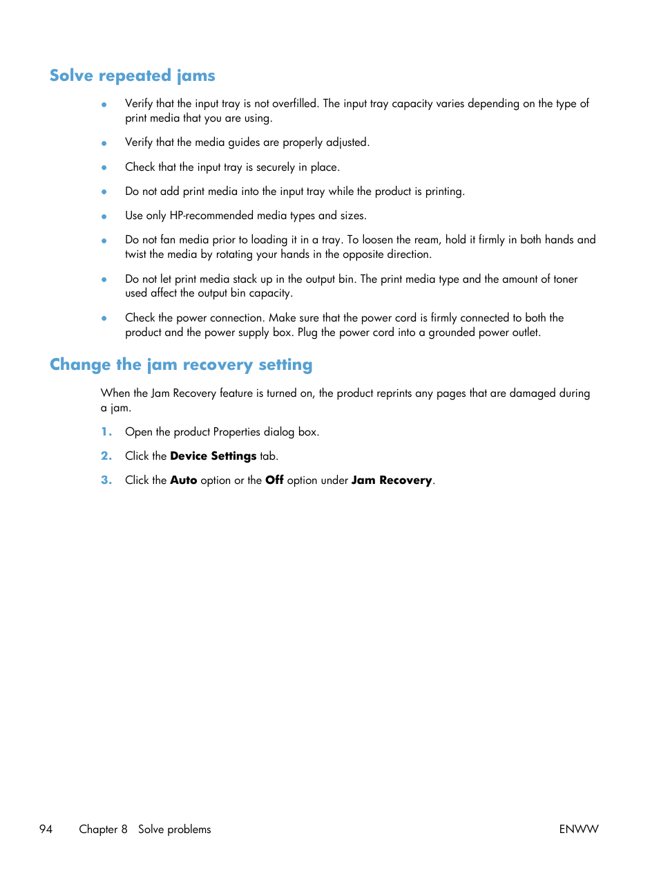 Solve repeated jams, Change the jam recovery setting | HP Laserjet p1606dn User Manual | Page 106 / 152