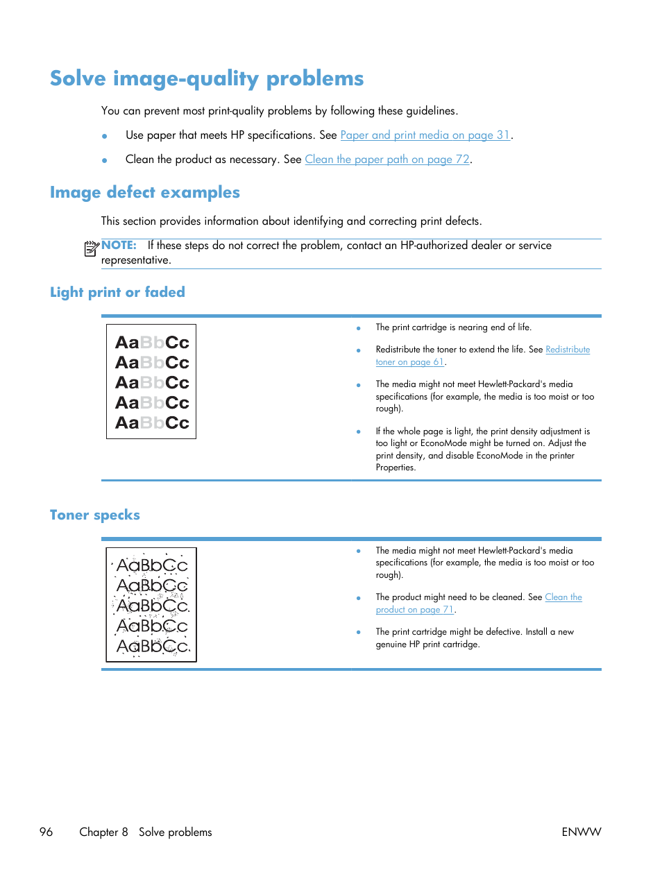 Solve image-quality problems, Image defect examples, Light print or faded | Toner specks, Light print or faded toner specks | HP Laserjet p1606dn User Manual | Page 108 / 152