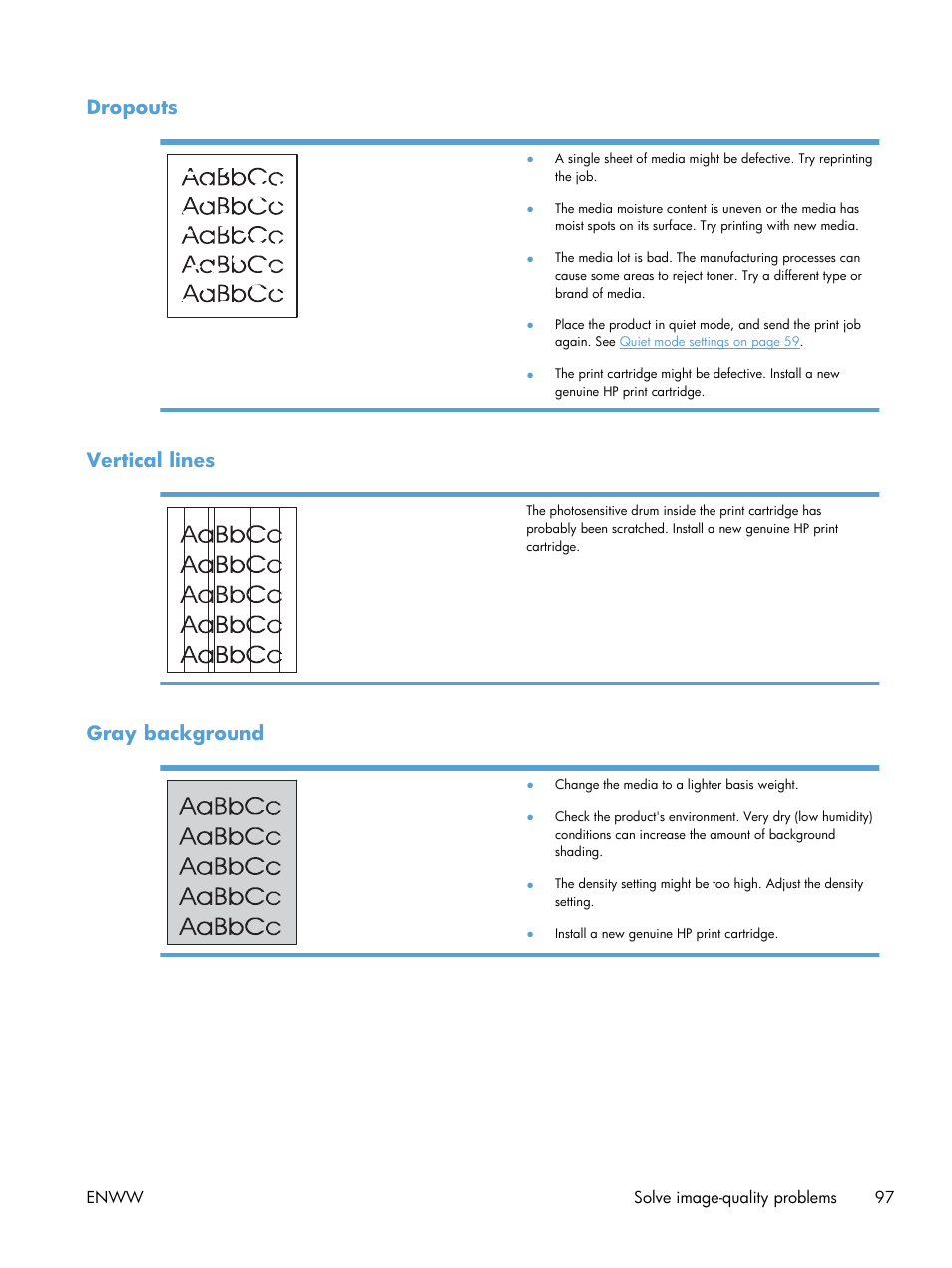 Dropouts, Vertical lines, Gray background | Dropouts vertical lines gray background | HP Laserjet p1606dn User Manual | Page 109 / 152