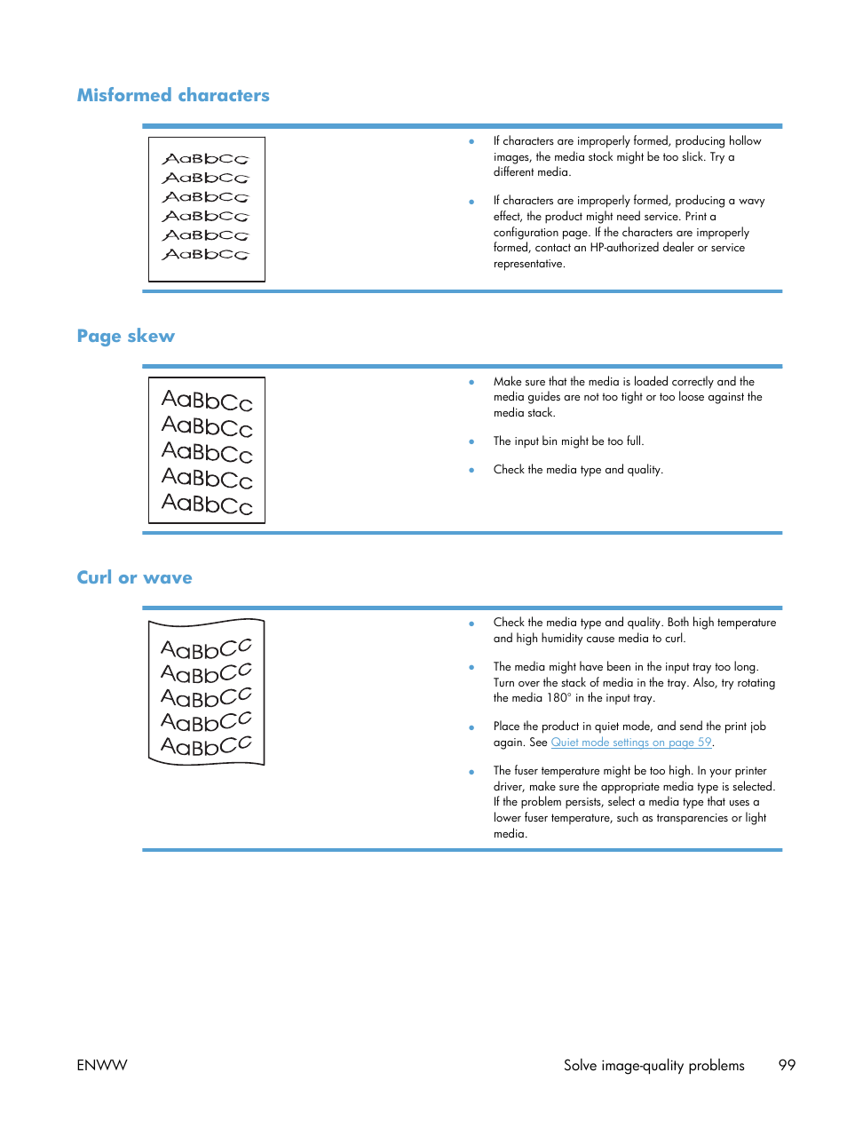 Misformed characters, Curl or wave, Page skew | HP Laserjet p1606dn User Manual | Page 111 / 152