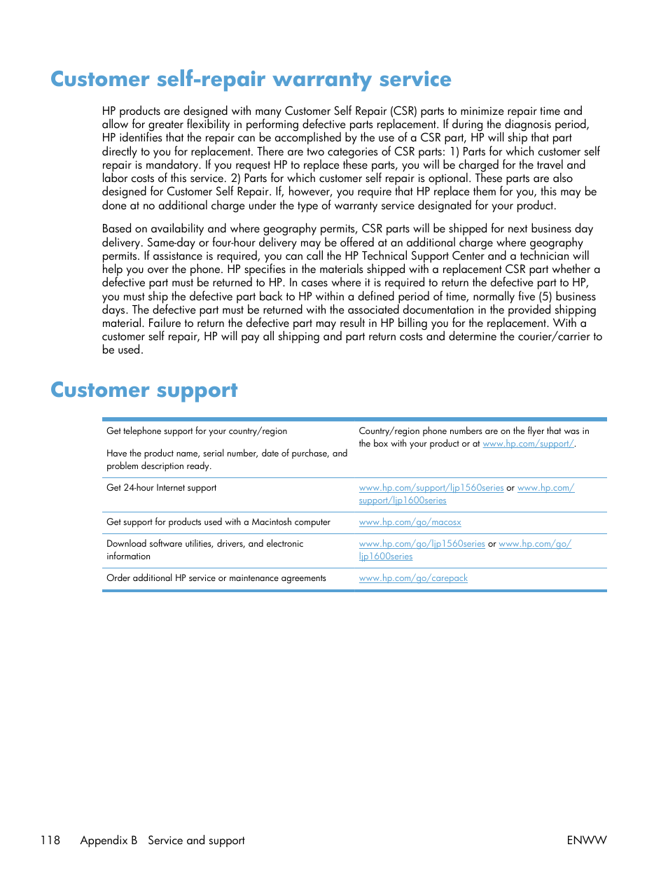 Customer self-repair warranty service, Customer support | HP Laserjet p1606dn User Manual | Page 130 / 152