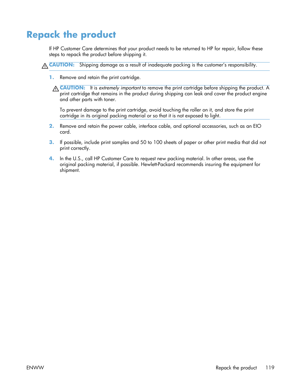 Repack the product | HP Laserjet p1606dn User Manual | Page 131 / 152