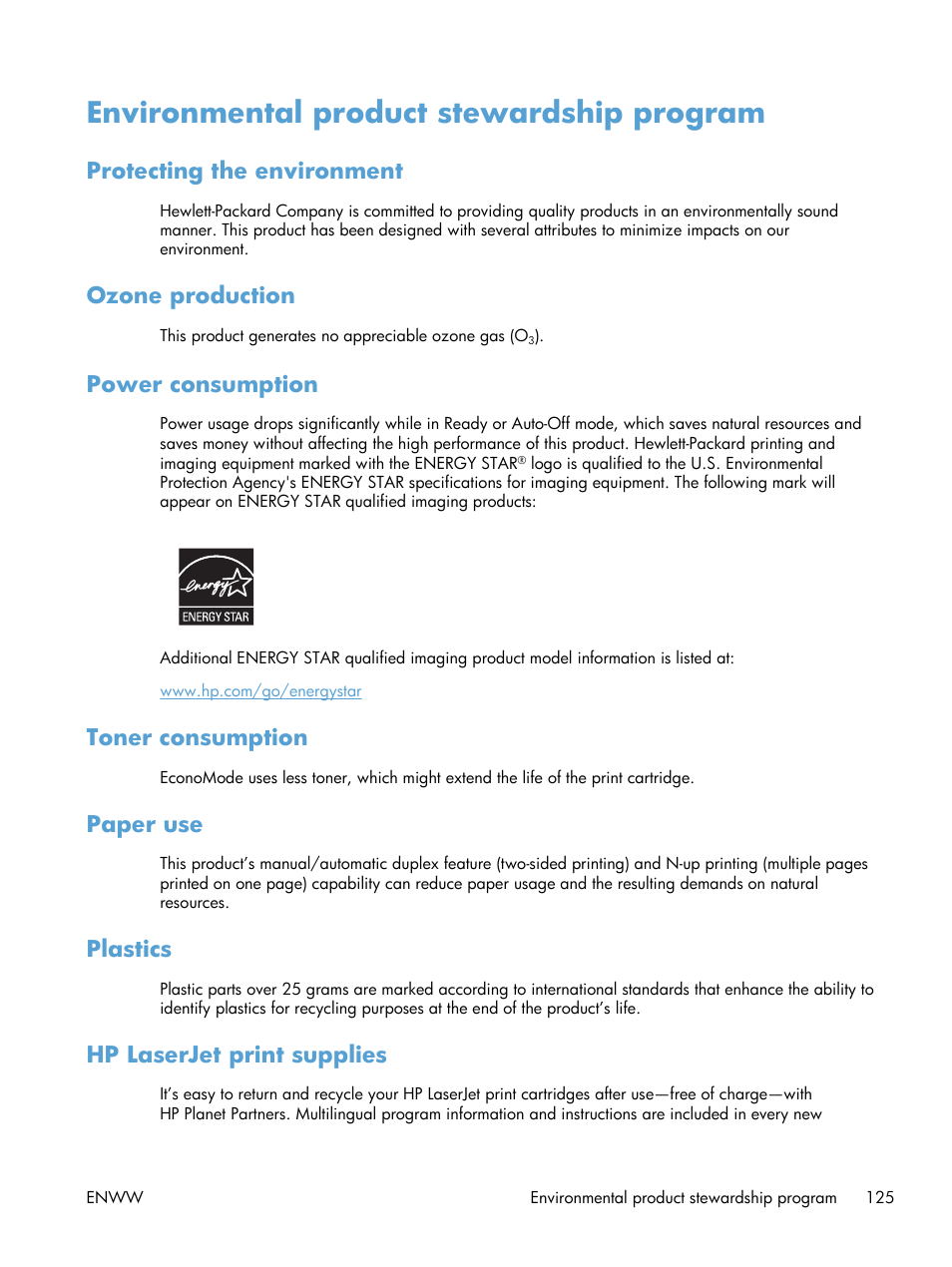 Environmental product stewardship program, Protecting the environment, Ozone production | Power consumption, Toner consumption, Paper use, Plastics, Hp laserjet print supplies | HP Laserjet p1606dn User Manual | Page 137 / 152