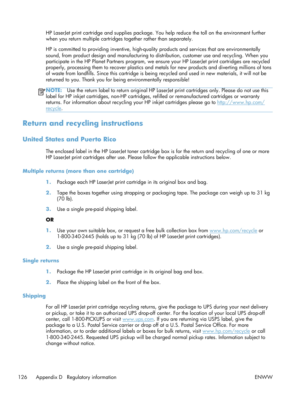 Return and recycling instructions, United states and puerto rico, Multiple returns (more than one cartridge) | Single returns, Shipping | HP Laserjet p1606dn User Manual | Page 138 / 152