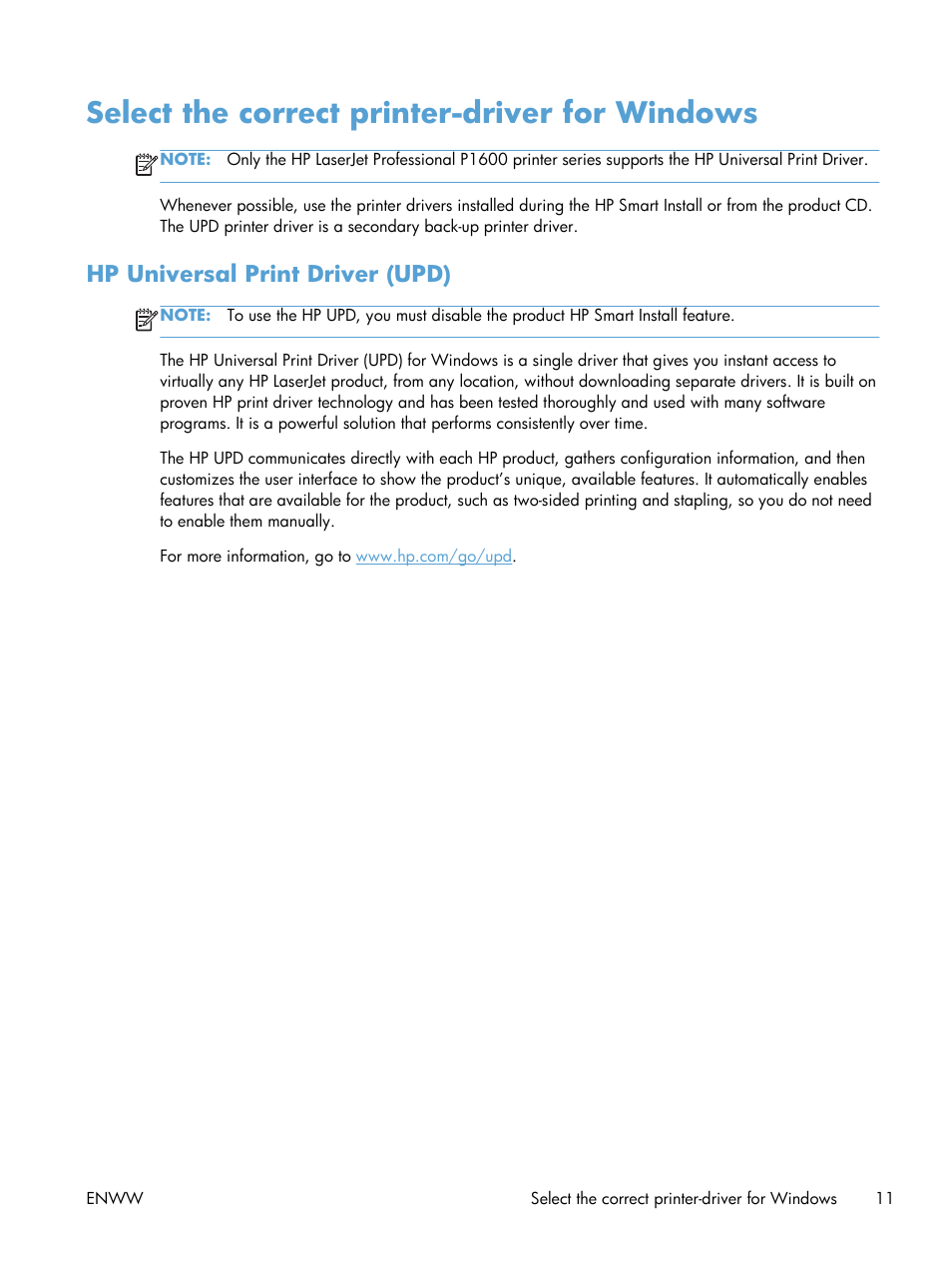 Select the correct printer-driver for windows, Hp universal print driver (upd) | HP Laserjet p1606dn User Manual | Page 23 / 152