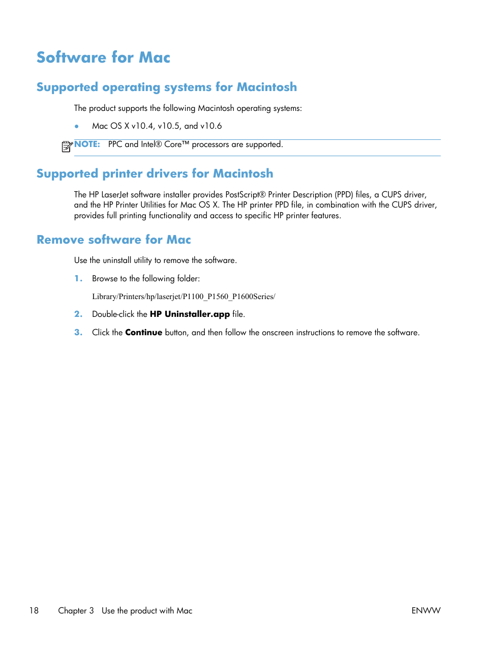 Software for mac, Supported operating systems for macintosh, Supported printer drivers for macintosh | Remove software for mac | HP Laserjet p1606dn User Manual | Page 30 / 152