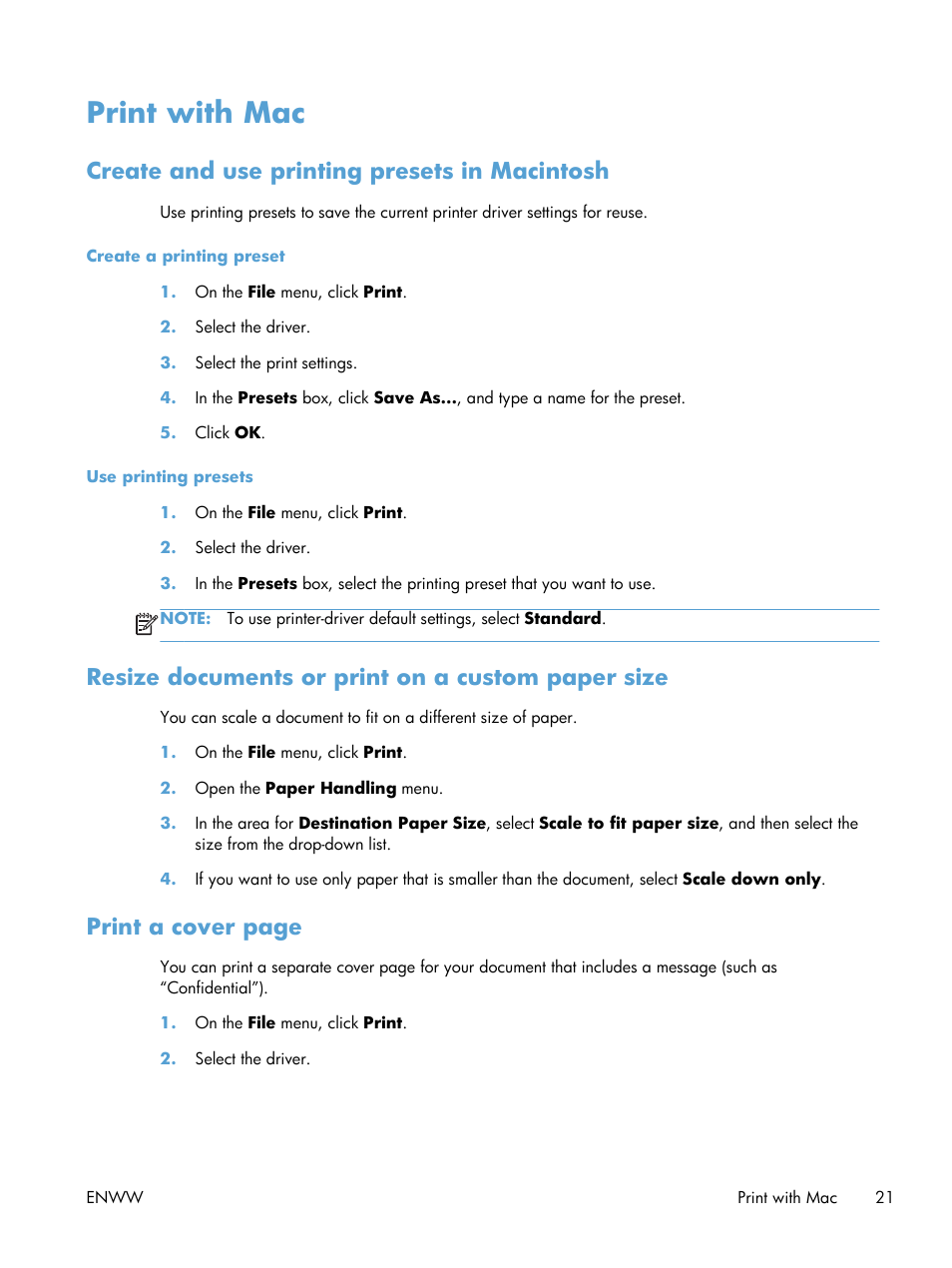 Print with mac, Create and use printing presets in macintosh, Resize documents or print on a custom paper size | Print a cover page | HP Laserjet p1606dn User Manual | Page 33 / 152