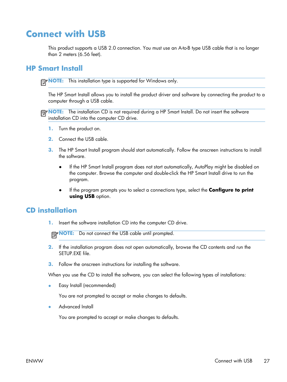 Connect with usb, Hp smart install, Cd installation | Hp smart install cd installation | HP Laserjet p1606dn User Manual | Page 39 / 152