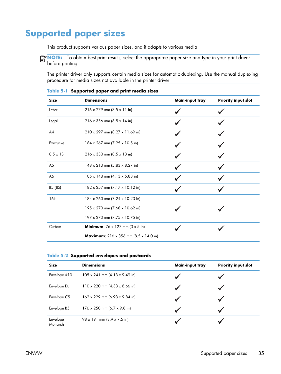 Supported paper sizes | HP Laserjet p1606dn User Manual | Page 47 / 152