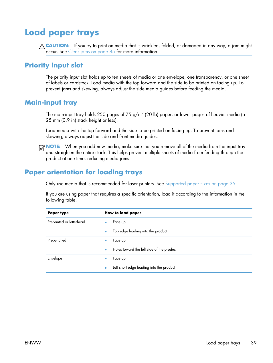 Load paper trays, Priority input slot, Main-input tray | Paper orientation for loading trays | HP Laserjet p1606dn User Manual | Page 51 / 152