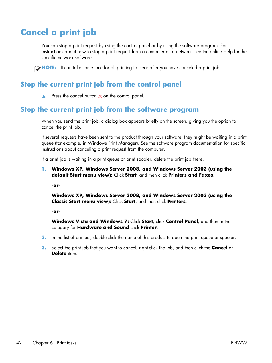 Cancel a print job, Stop the current print job from the control panel | HP Laserjet p1606dn User Manual | Page 54 / 152