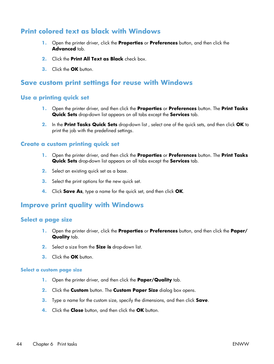 Print colored text as black with windows, Save custom print settings for reuse with windows, Use a printing quick set | Create a custom printing quick set, Improve print quality with windows | HP Laserjet p1606dn User Manual | Page 56 / 152
