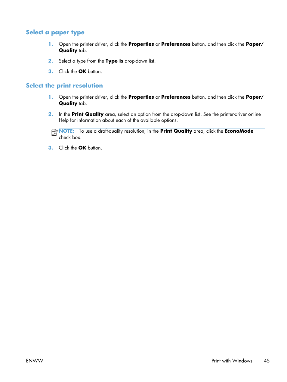 Select a paper type, Select the print resolution, Select a paper type select the print resolution | HP Laserjet p1606dn User Manual | Page 57 / 152