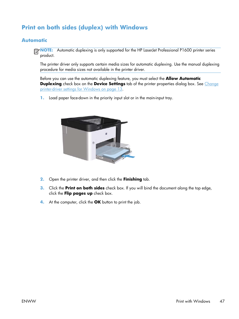 Print on both sides (duplex) with windows, Automatic | HP Laserjet p1606dn User Manual | Page 59 / 152