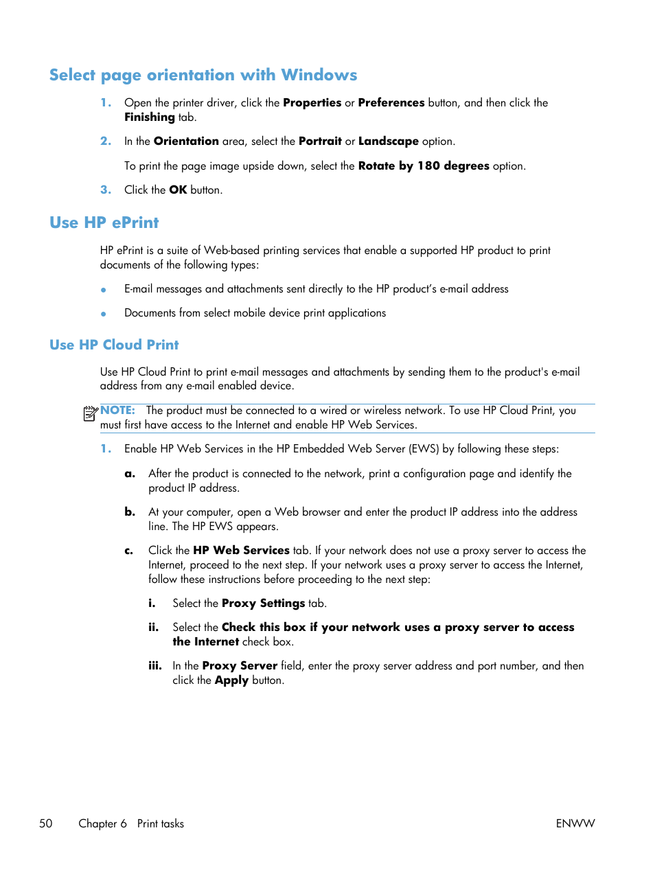 Use hp eprint, Use hp cloud print, Select page orientation with windows | HP Laserjet p1606dn User Manual | Page 62 / 152