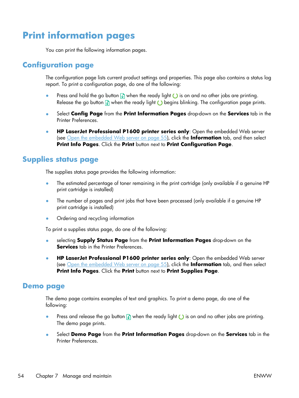 Print information pages, Configuration page, Supplies status page | Demo page | HP Laserjet p1606dn User Manual | Page 66 / 152