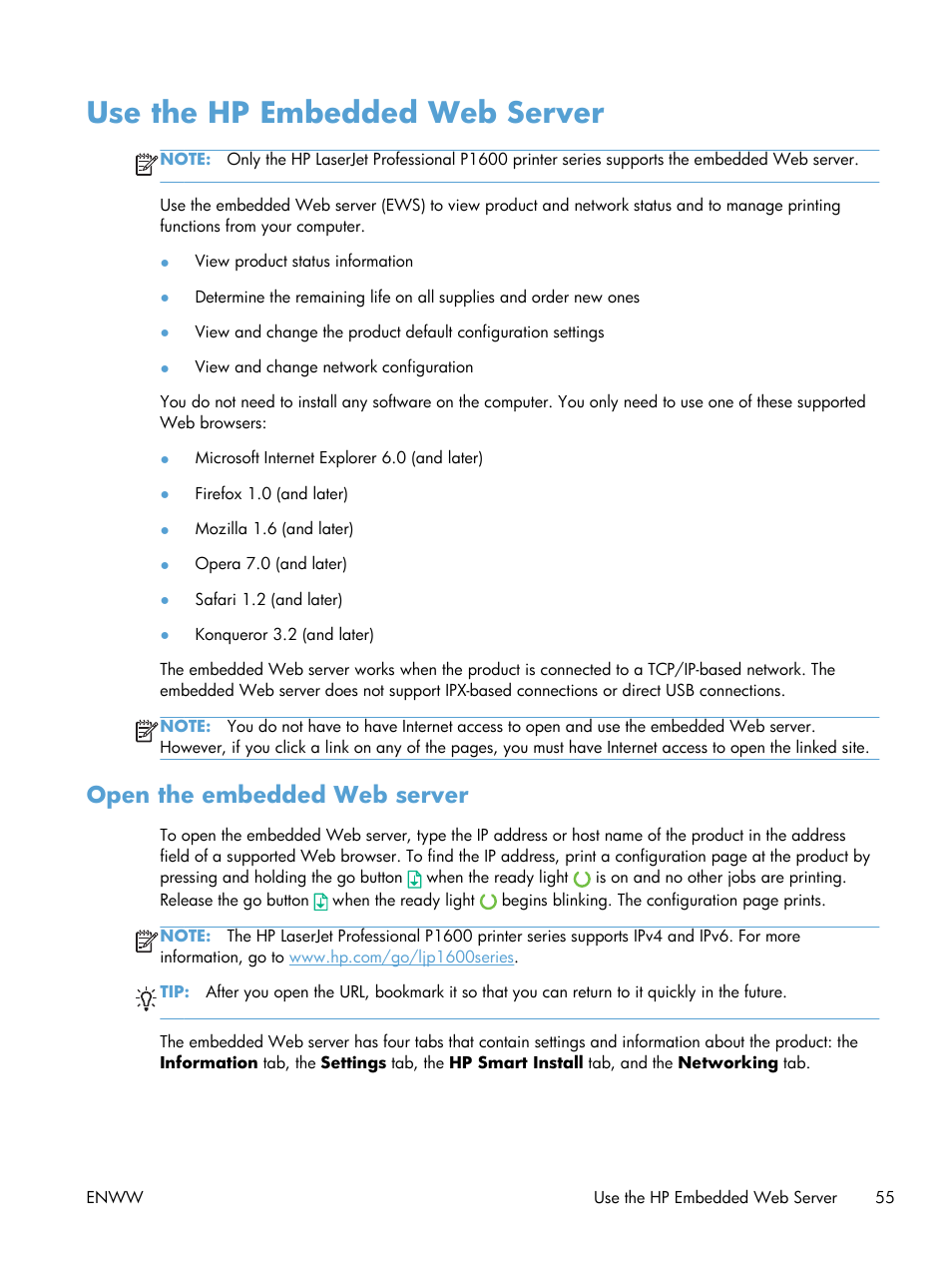 Use the hp embedded web server, Open the embedded web server | HP Laserjet p1606dn User Manual | Page 67 / 152