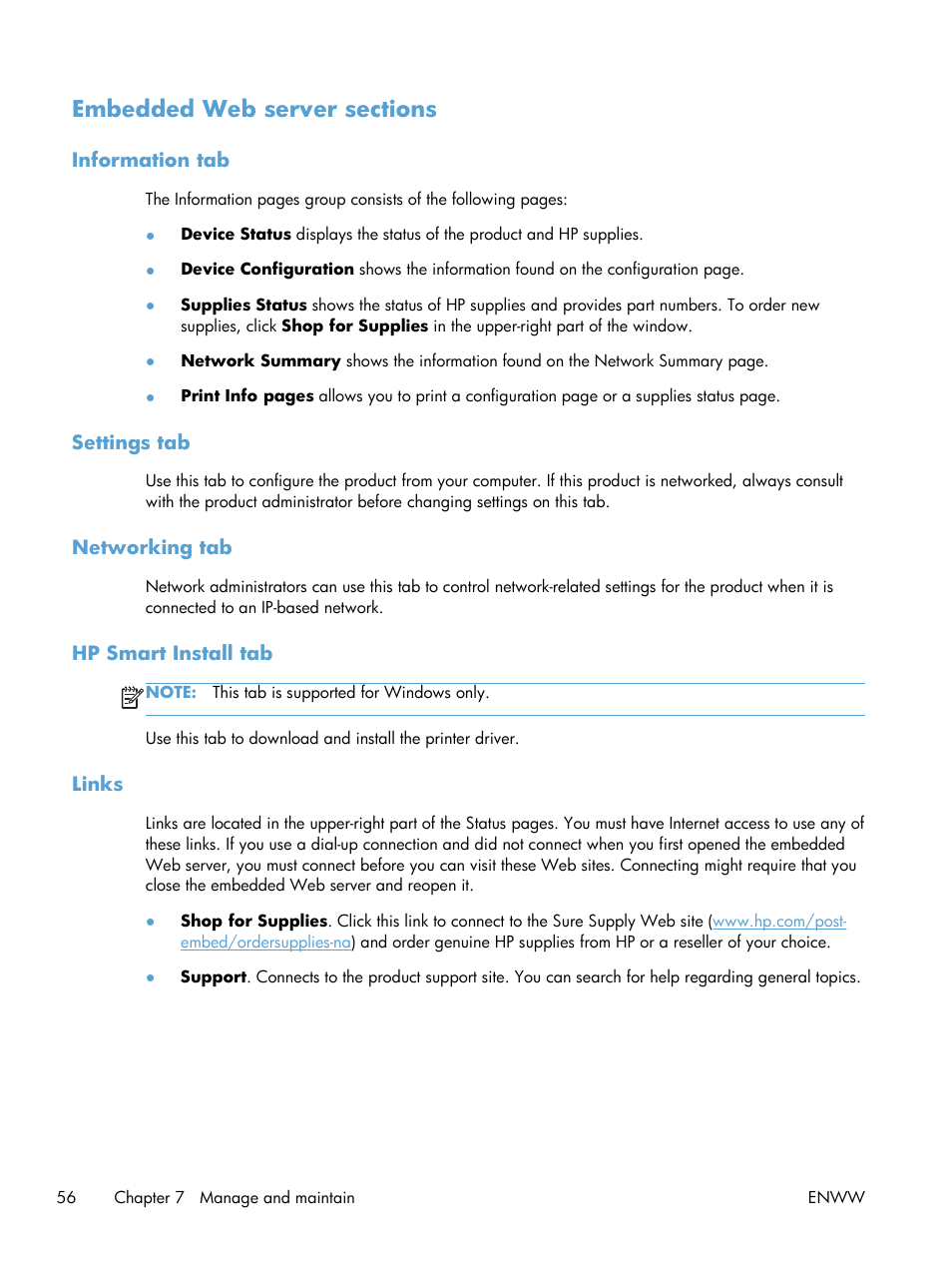 Embedded web server sections, Information tab, Settings tab | Networking tab, Hp smart install tab, Links, Information tab settings tab networking tab, Hp smart install tab links | HP Laserjet p1606dn User Manual | Page 68 / 152