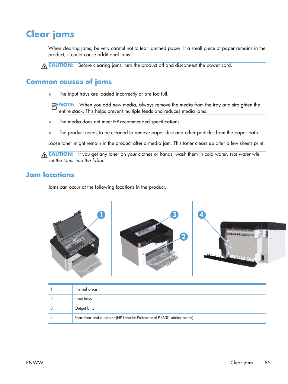 Clear jams, Common causes of jams, Jam locations | Common causes of jams jam locations | HP Laserjet p1606dn User Manual | Page 97 / 152